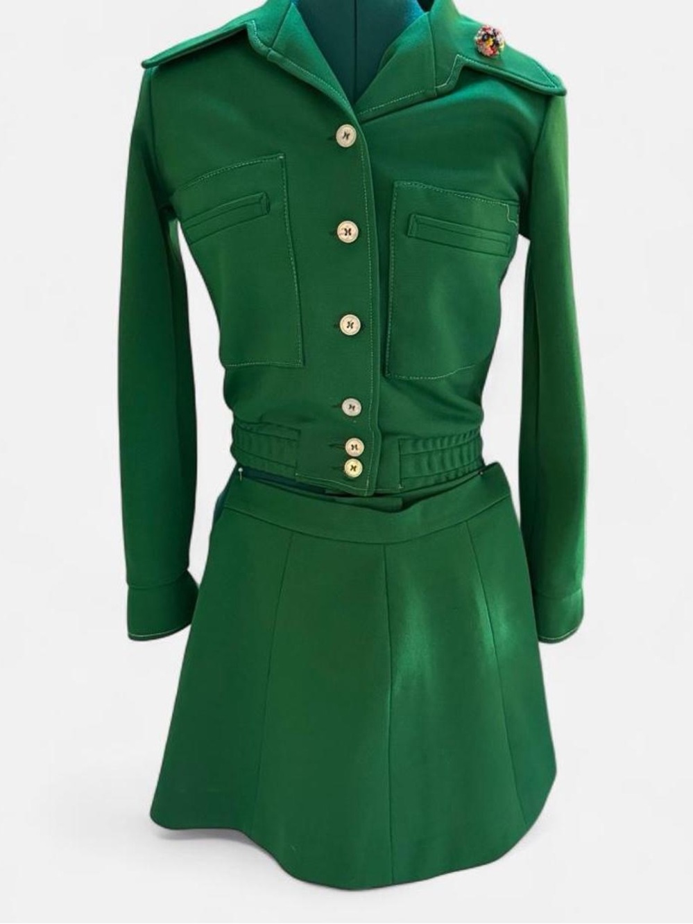 Vintage 1960s Pennant Green Women's A-Line Skirt and matching bomber jacket